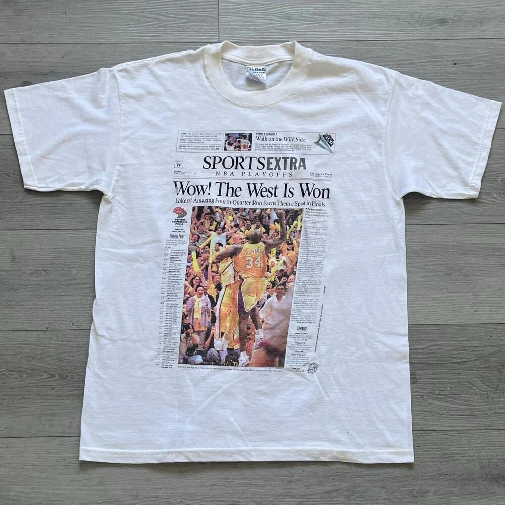 2000S Los Angeles Lakers Nba Championship T Shirt Shaq Kobe Newspaper L